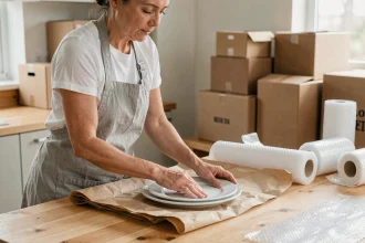 Femme emballant soigneusement une assiette en céramique avec du papier bulle sur une table en bois avant un déménagement