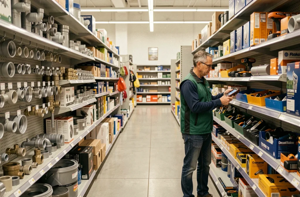 Employé Leroy Merlin réapprovisionnant les rayons plomberie dans une allée calme pendant les heures creuses du magasin