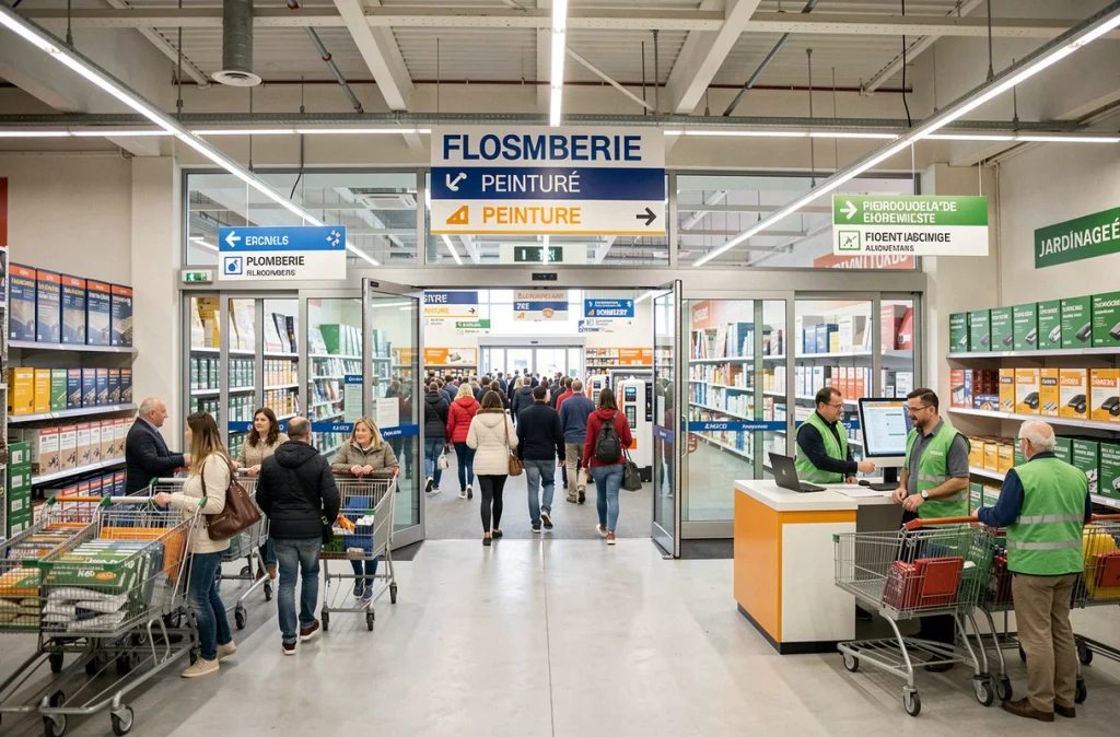 Entrée animée d'un magasin Leroy Merlin le week-end avec flux de clients et vendeurs en tablier vert au bureau d'information