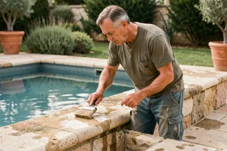 Homme appliquant un produit d'étanchéité sur les margelles en pierre calcaire d'une piscine résidentielle