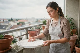Femme entretenant un tapis en diatomite en le tapotant contre une rambarde de balcon pour éliminer les résidus calcaires