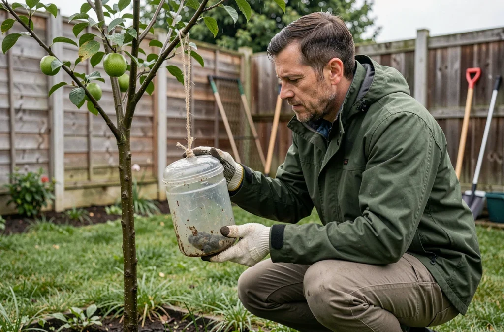 Homme examinant un piège à phéromone mal positionné sur un arbre fruitier dans un jardin