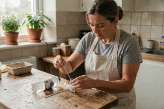 Femme assemblant un piège à phéromone maison sur une table de cuisine en bois avec des composants DIY