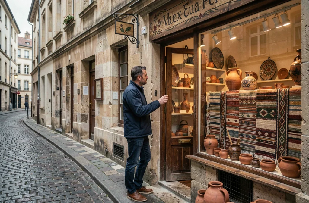 Façade d'un magasin de décoration artisanale dans le Vieux-Lyon avec vitrine de pièces faites main