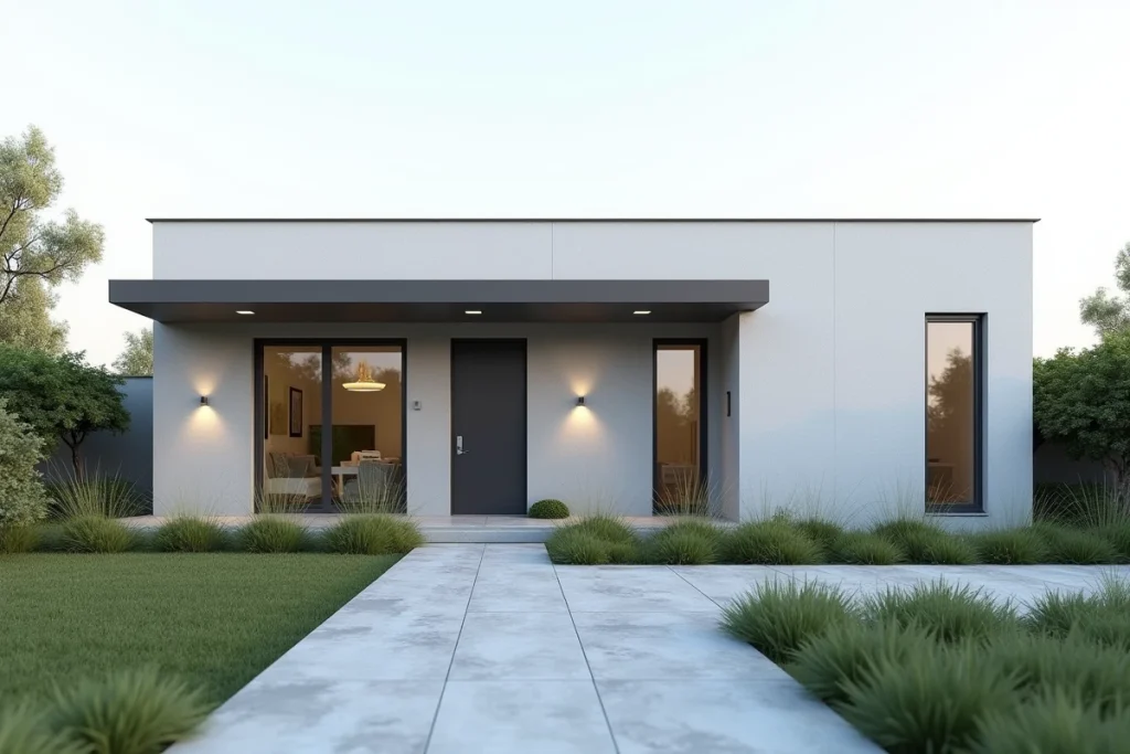 Façade d'une maison plain pied 100m2 économique avec revêtement gris et grandes fenêtres, construction budget maîtrisé