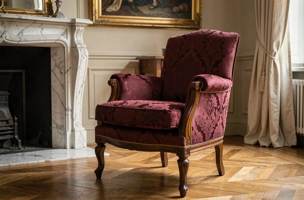 Fauteuil Voltaire retapissé en brocart bordeaux avec semences décoratives dans un appartement parisien classique