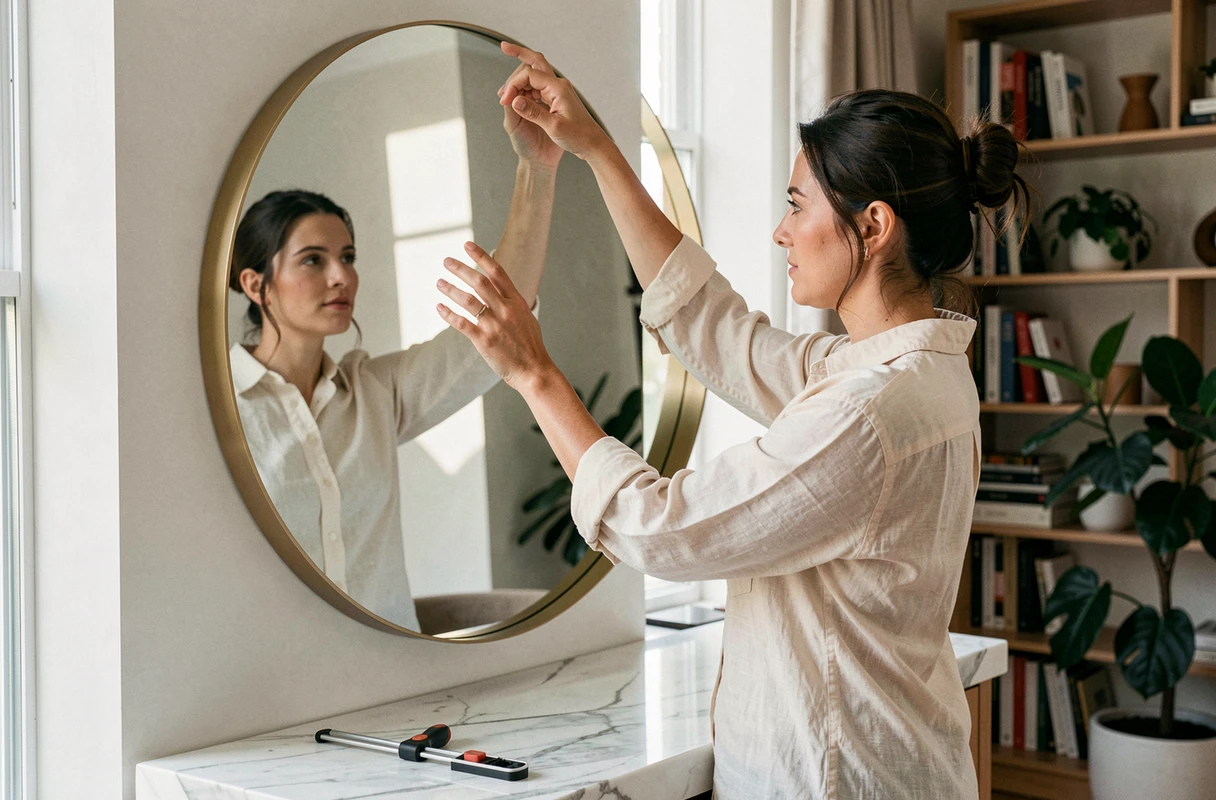 Femme accrochant un miroir rond en laiton près d'une fenêtre pour optimiser la lumière naturelle dans un intérieur contemporain