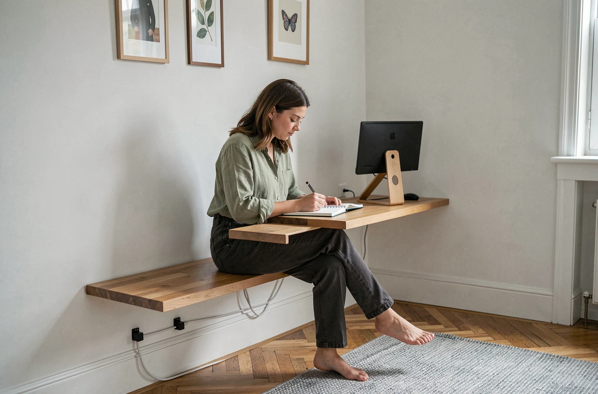 Jeune femme travaillant dans un alcôve bureau étroit avec bureau flottant et moniteur surélevé dans un studio moderne