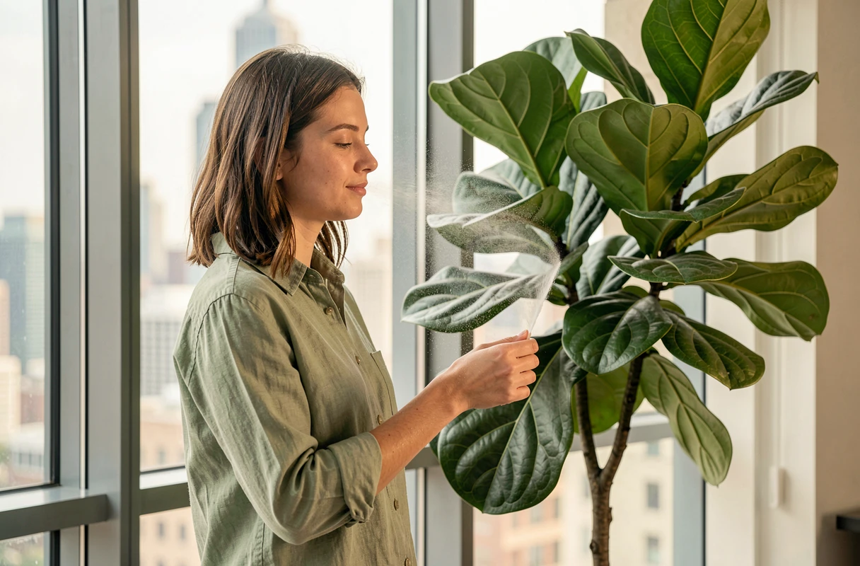 Jeune femme arrosant un ficus lyrata près d'une fenêtre panoramique dans un appartement urbain moderne