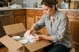 Femme emballant soigneusement de la vaisselle dans du papier bulle pour préparer ses cartons de déménagement dans la cuisine