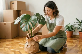 Femme emballant une plante monstera dans du papier kraft avant un déménagement dans un appartement