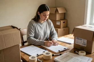 Femme organisant ses documents et abonnements lors d'un déménagement, assise à une table entourée de cartons