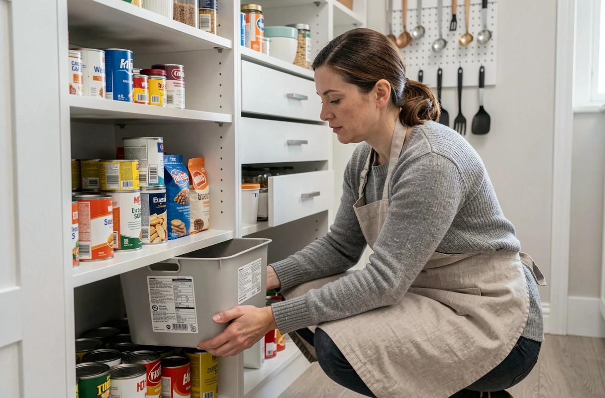 Femme organisant son cellier avec des bacs de rangement étiquetés sur des étagères blanches modernes dans une cuisine