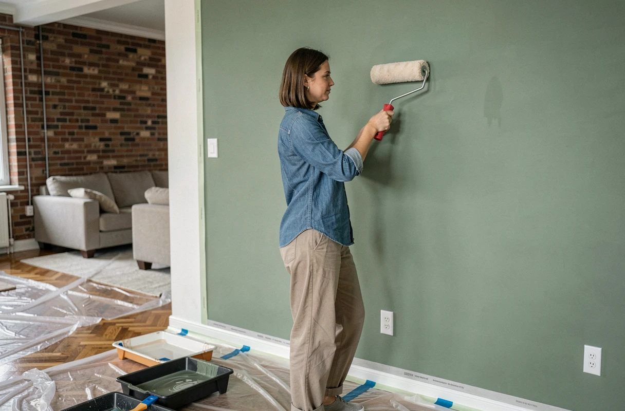 Femme peignant un mur en vert sauge dans un séjour en cours de rénovation avec rouleau à peinture