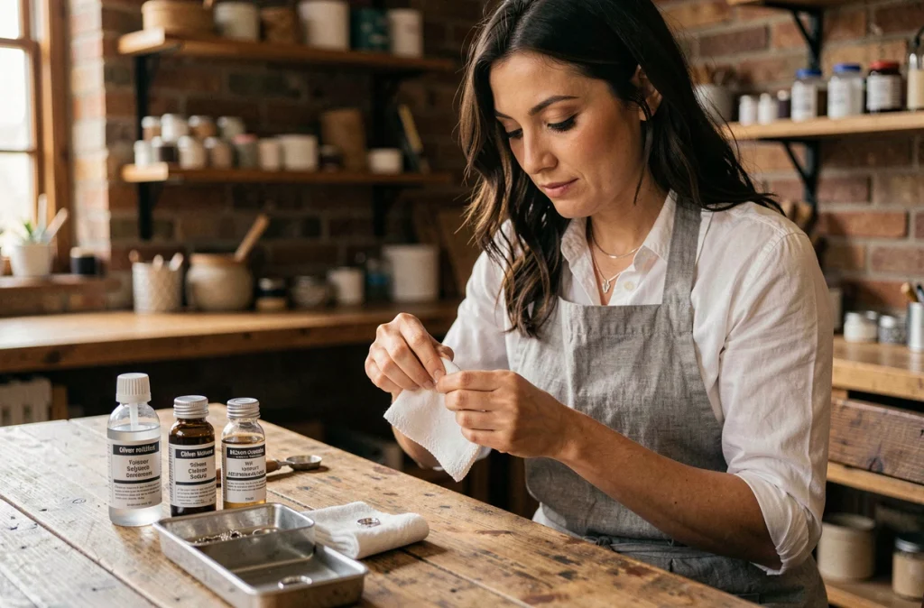 Femme polissant un collier en argent avec un chiffon microfibre et un produit nettoyant anti-noircissement dans un atelier artisanal en bois