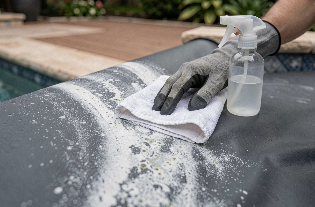 Gros plan sur le nettoyage d'une ligne d'eau avec un chiffon microfibre sur un liner de piscine vinyle