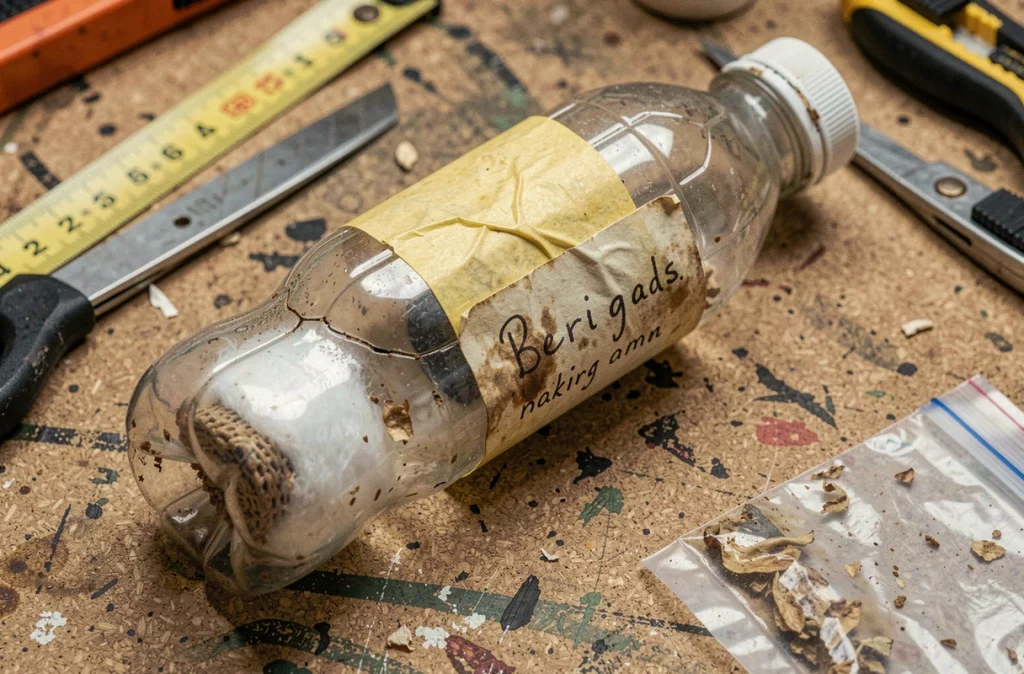 Gros plan d'un piège à phéromone maison défectueux avec erreurs courantes sur un établi d'atelier