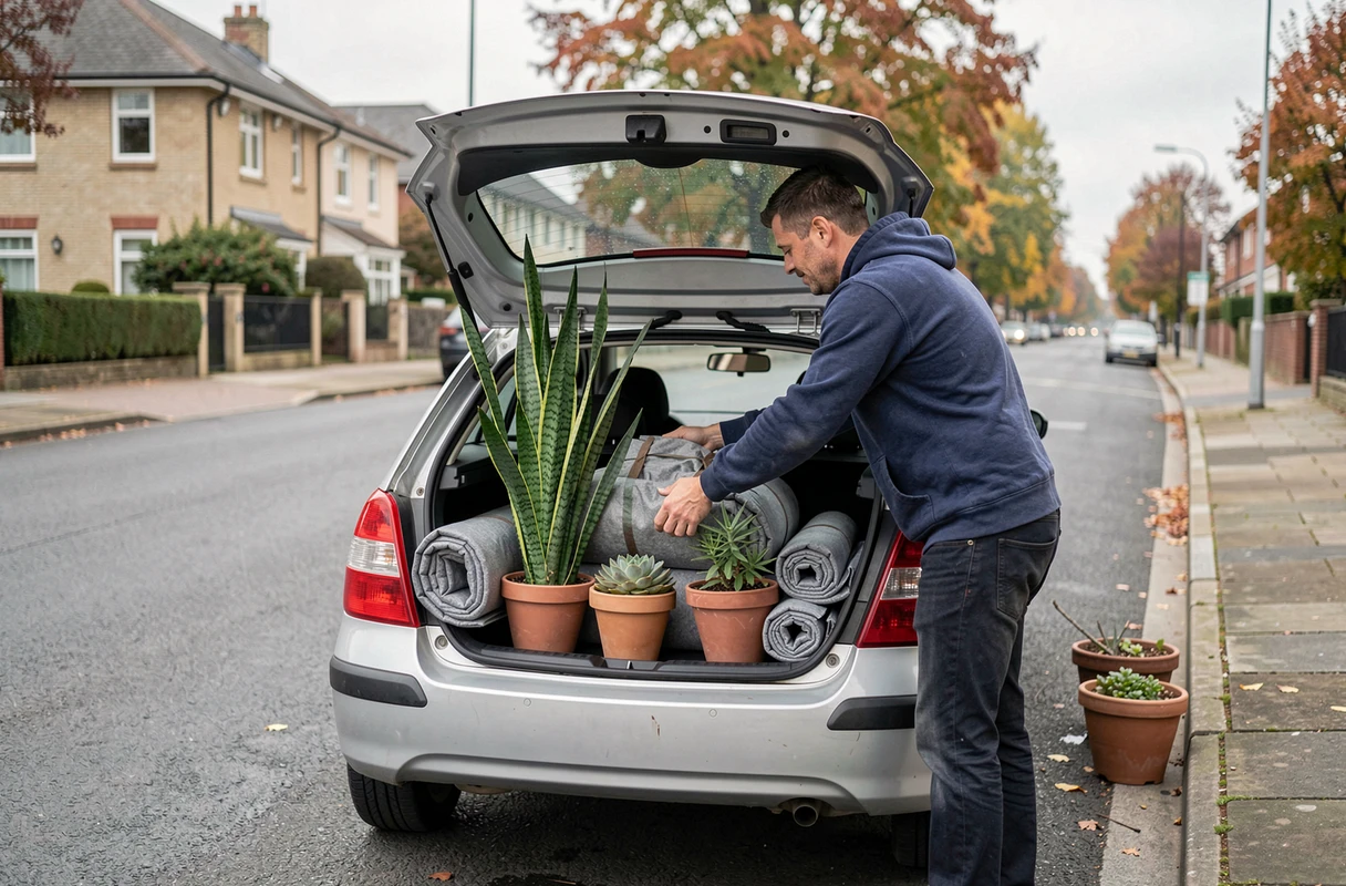 Homme chargeant des plantes en pots dans le coffre d'une voiture pour un déménagement