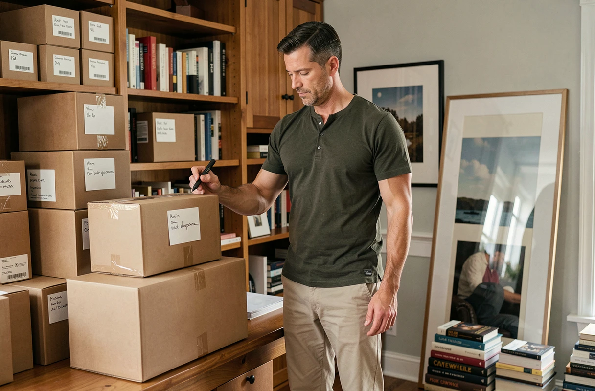 Homme étiquetant des cartons de déménagement dans un bureau à domicile organisé avec des étagères à moitié vidées