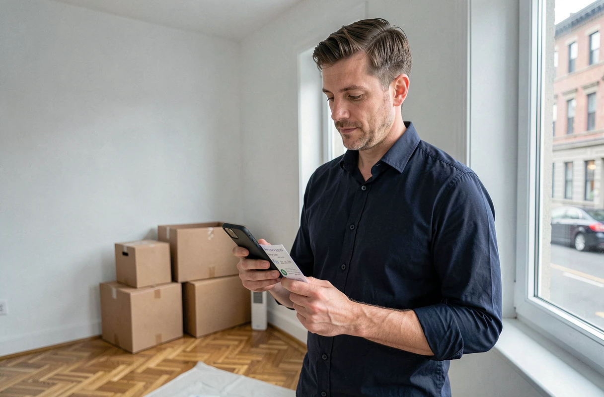 Homme consultant son smartphone pour gérer ses abonnements dans un appartement vide en cours de déménagement
