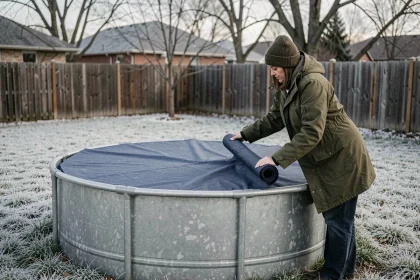 Femme installant une bâche hivernale sur une piscine hors sol ronde dans un jardin givré