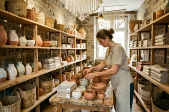 Intérieur d'un magasin de décoration artisanale à Lyon avec céramiques et textiles faits main sur des étagères en bois