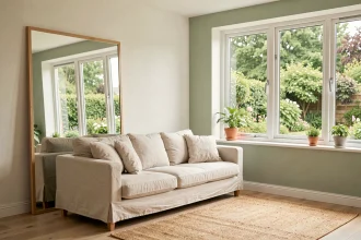 Grand miroir en chêne reflétant la lumière naturelle d'une fenêtre dans un salon scandinave épuré