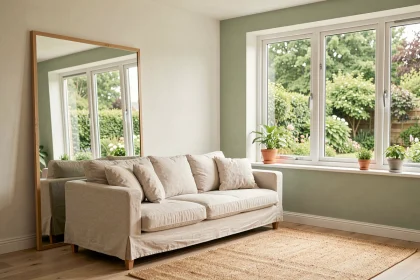 Grand miroir en chêne reflétant la lumière naturelle d'une fenêtre dans un salon scandinave épuré