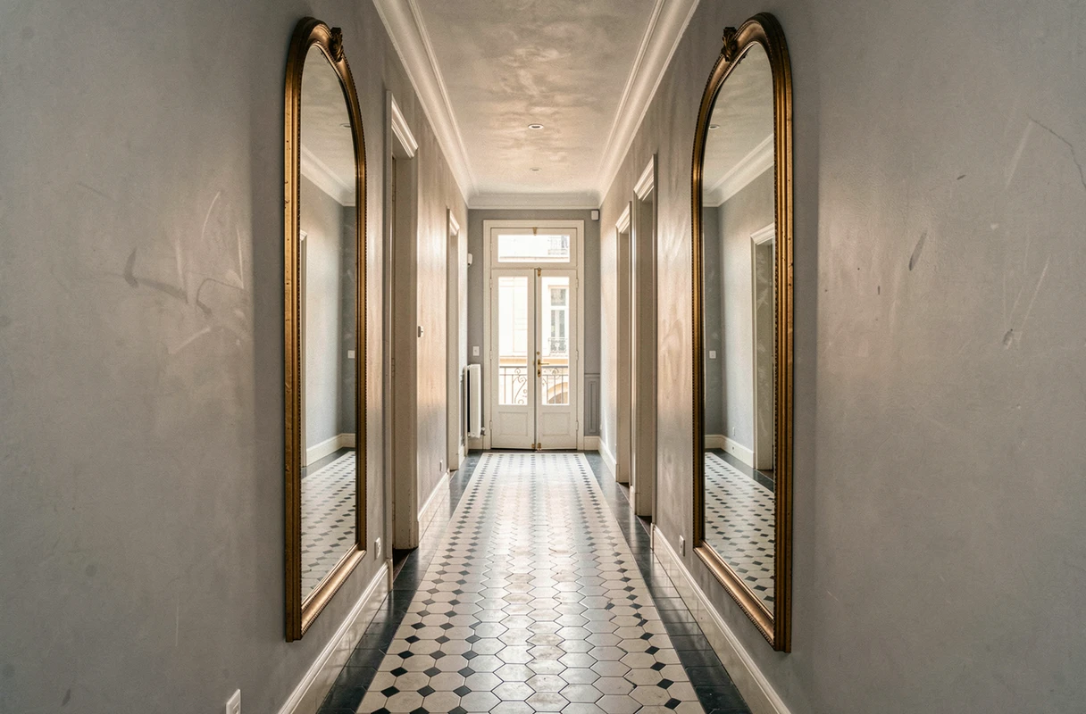 Couloir parisien étroit optimisé avec des miroirs arqués dorés reflétant la lumière naturelle de la porte d'entrée