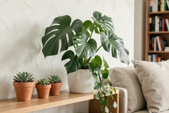 Plante monstera en pot blanc sur une étagère en bois dans un salon minimaliste entourée de petites plantes succulentes décoratives