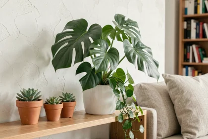 Plante monstera en pot blanc sur une étagère en bois dans un salon minimaliste entourée de petites plantes succulentes décoratives
