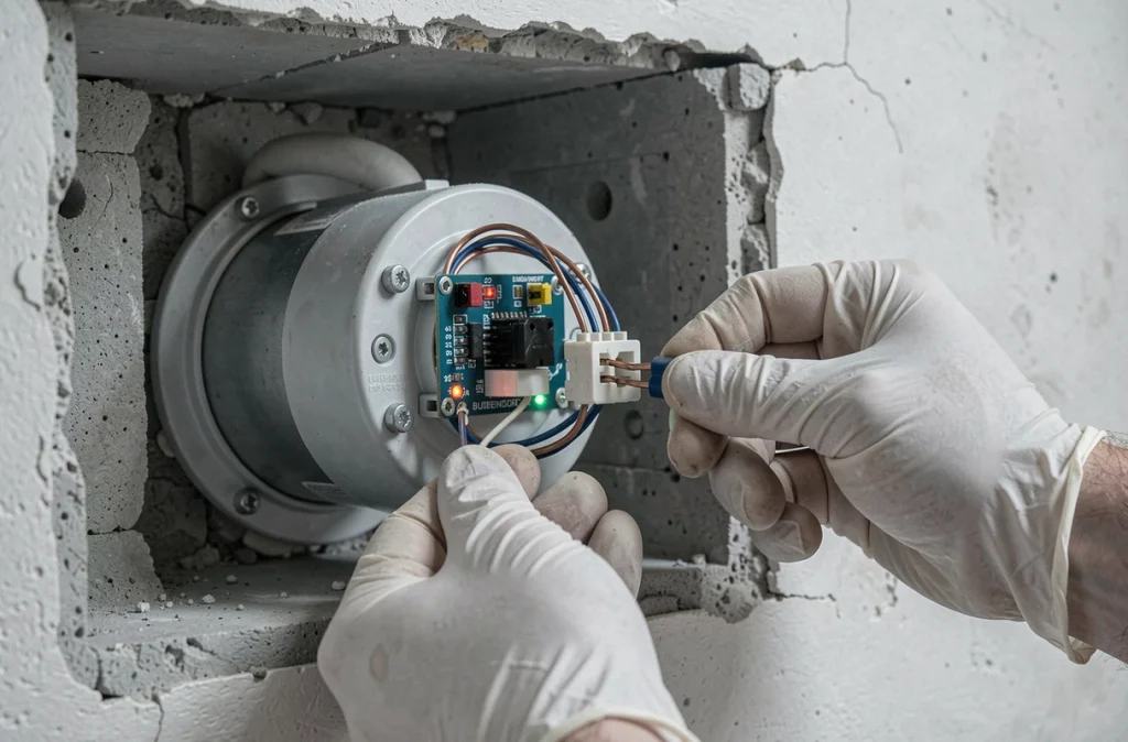 Gros plan sur le moteur électrique d'un volet Bubendorff démonté avec câblage et circuit visible