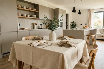Nappe infroissable et anti-tache sur une table de cuisine ouverte moderne avec vaisselle céramique et décoration épurée