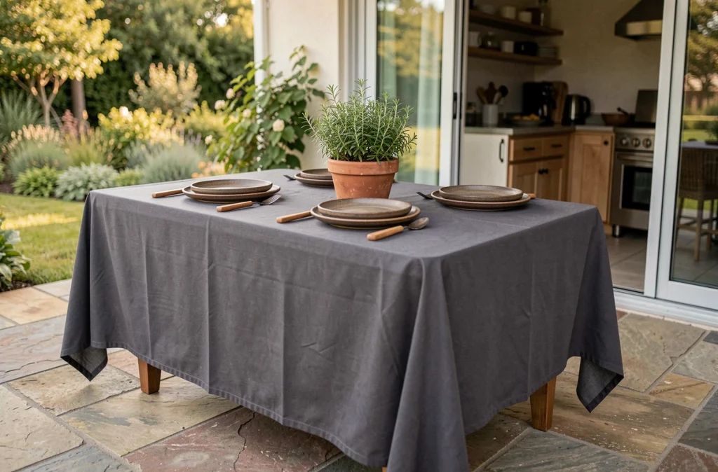Table de terrasse en prolongement de cuisine ouverte avec nappe anti-tache infroissable grise et art de table naturel