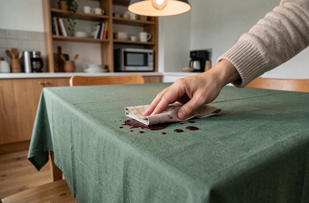 Démonstration de la résistance aux taches d'une nappe infroissable verte lors d'un renversement de vin rouge sur table