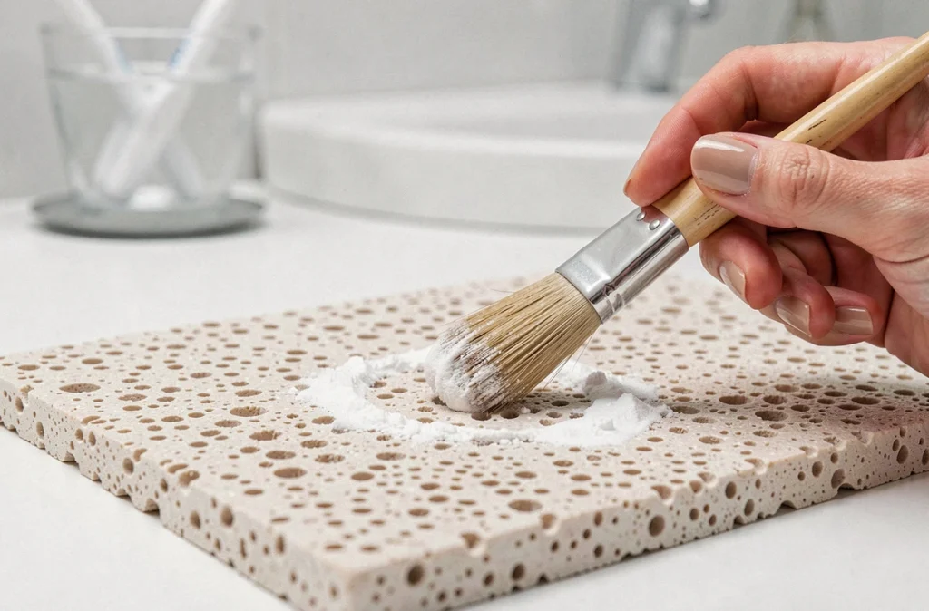 Gros plan sur un tapis en diatomite en cours de nettoyage avec une brosse douce pour déboucher les pores absorbants
