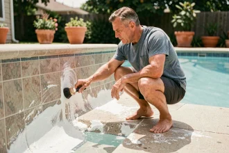 Homme nettoyant les dépôts de calcaire sur les parois carrelées d'une piscine résidentielle avec une brosse rigide