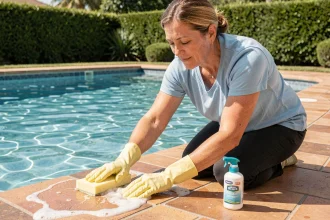 Femme nettoyant la ligne d'eau d'une piscine avec une éponge douce et un produit adapté au revêtement