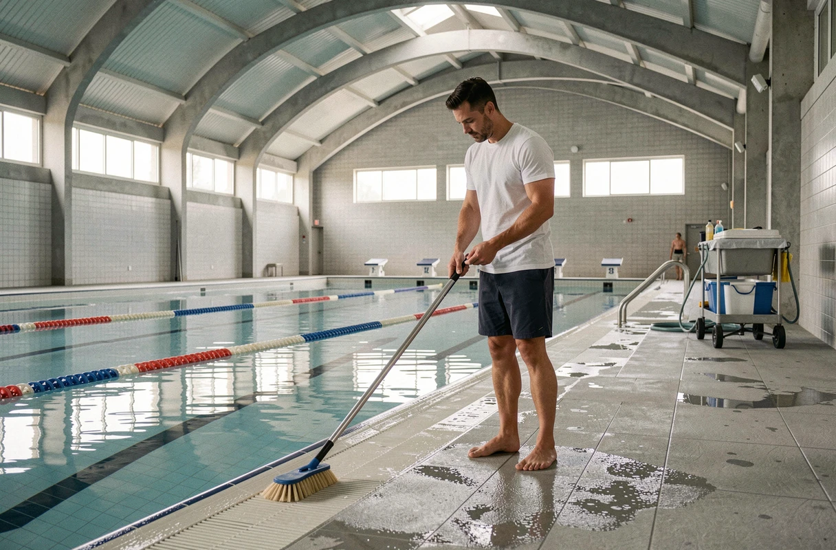 Homme utilisant une brosse à manche pour nettoyer la ligne d'eau d'une piscine intérieure carrelée