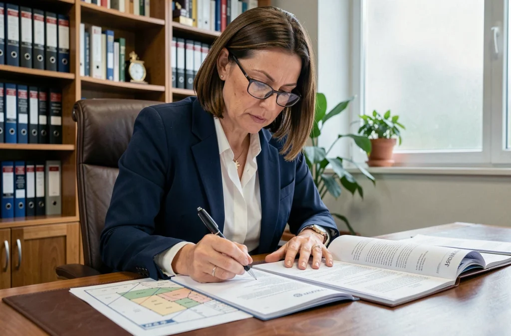 Notaire examinant des documents cadastraux pour résoudre un litige sur la hauteur d'un mur mitoyen