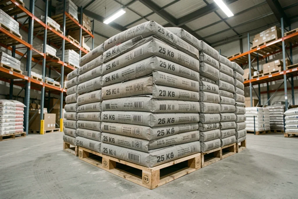 Palette complète de sacs de ciment 25 kg rangés en entrepôt de matériaux de construction