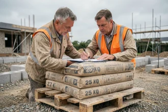 Ouvrier comptant des sacs de ciment de 25 kg empilés sur une palette bois sur un chantier de construction de maison