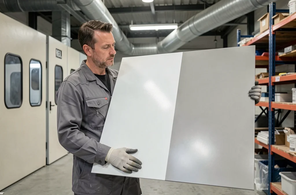 Peintre industriel tenant un panneau en RAL 9006 montrant la différence entre finition brillante et mate