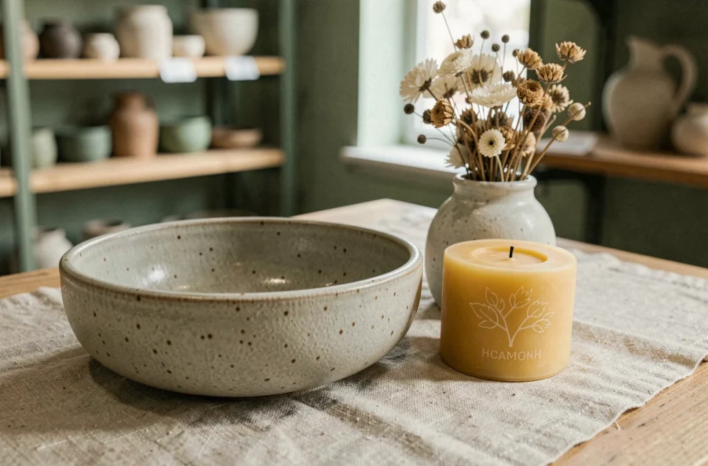 Détail de pièces artisanales en céramique et bougies naturelles dans une boutique de décoration lyonnaise