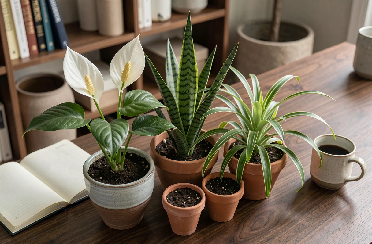 Coin bureau à domicile décoré de plusieurs petites plantes purificatrices d'air en pots céramique sur un bureau en noyer