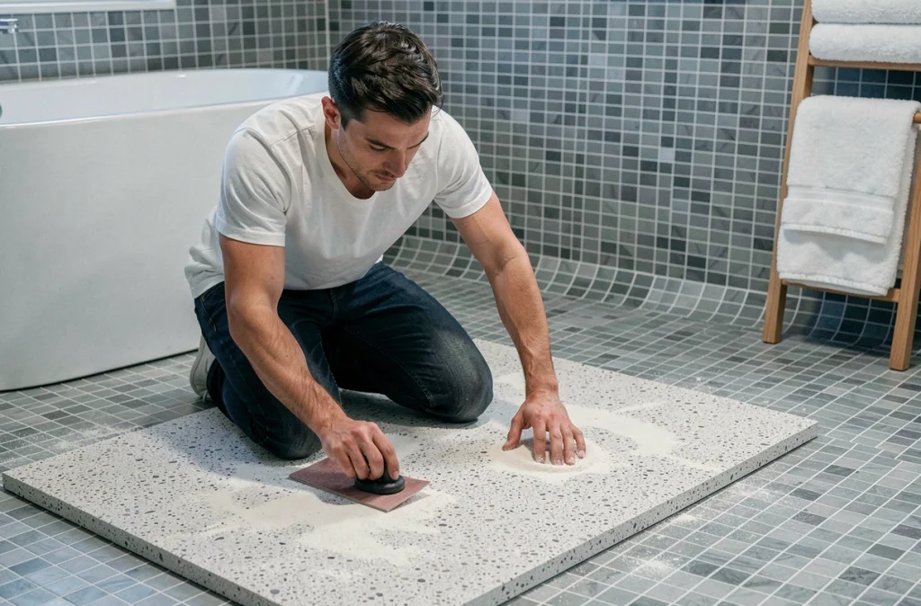 Homme ponçant un tapis en diatomite avec du papier de verre pour restaurer ses propriétés absorbantes dans une salle de bain
