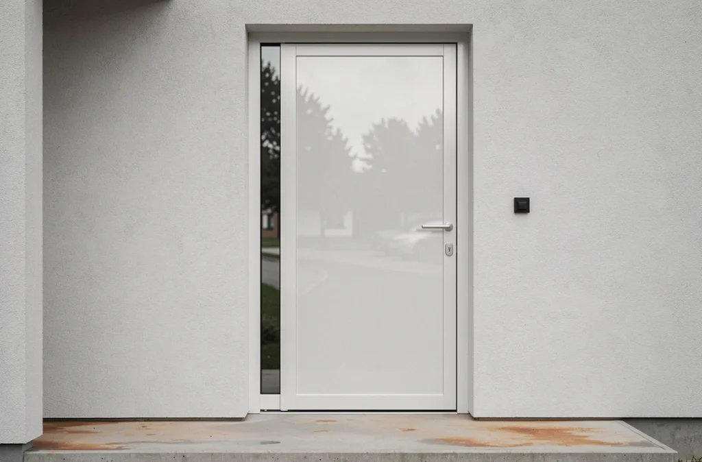Porte d'entrée moderne peinte en RAL 9006 finition satinée sur une façade minimaliste en béton