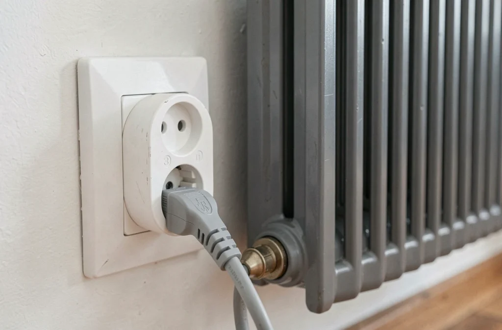 Gros plan d'une prise électrique dédiée 16 ampères connectée à un radiateur à inertie