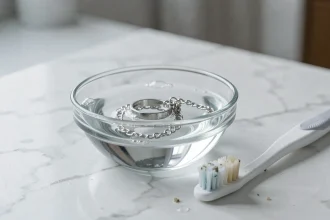 Bol en verre contenant un produit nettoyant pour bijoux en argent avec une bague et un bracelet partiellement immergés sur un plan de travail en marbre blanc