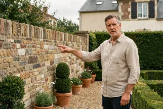 Propriétaire montrant un mur mitoyen trop haut dans son jardin résidentiel, contexte de litige de voisinage